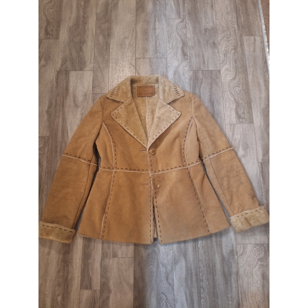 Guess Vintage Y2K Tan Genuine Suede Leather Faux Fur Lined Button Closure Coat M
